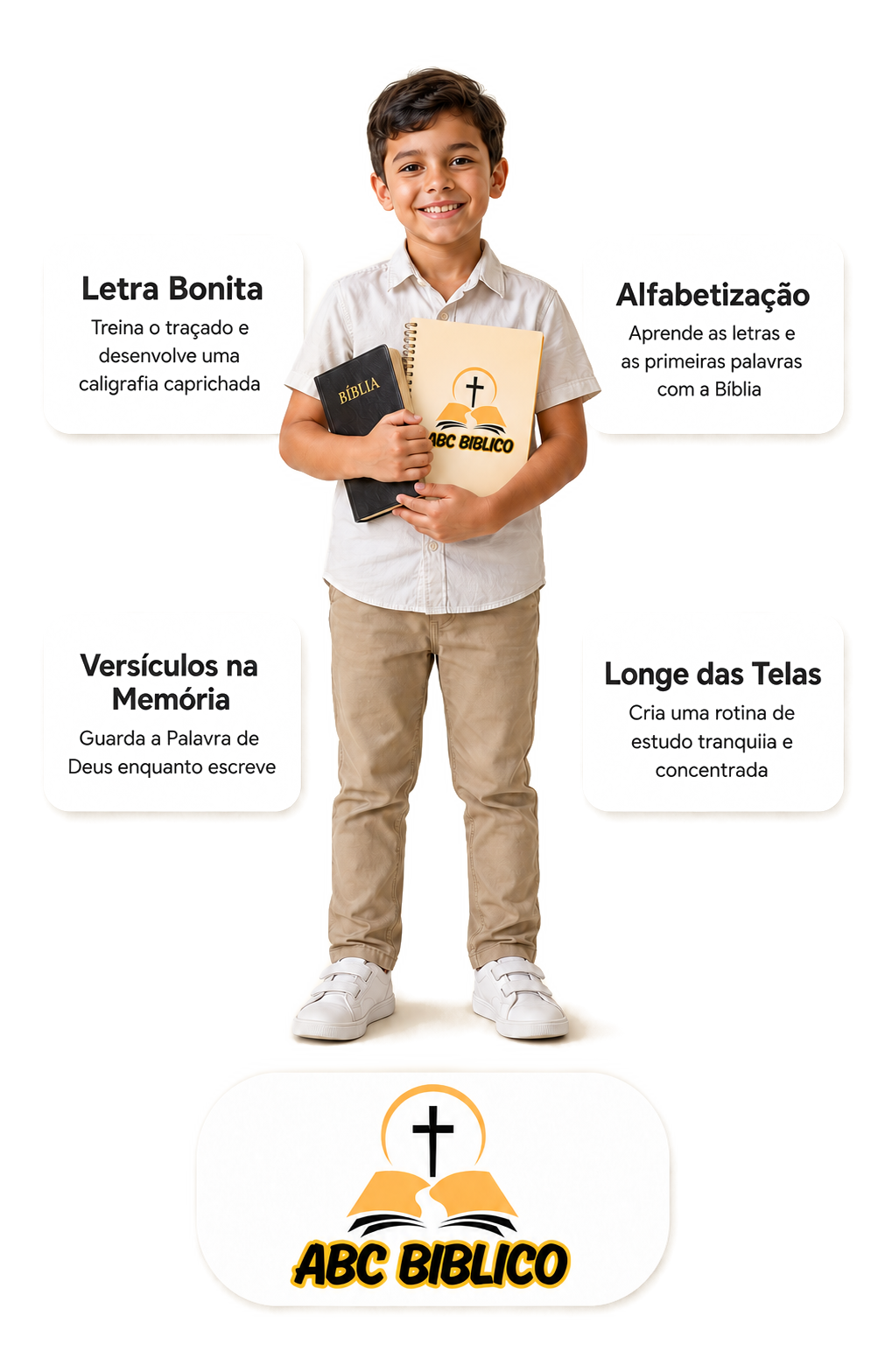 ABC Bíblico - menino com a Bíblia e o material, benefícios: letra bonita, alfabetização, versículos na memória, longe das telas