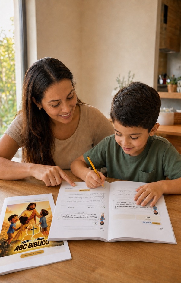 Mãe e filho praticando juntos no material ABC Bíblico impresso